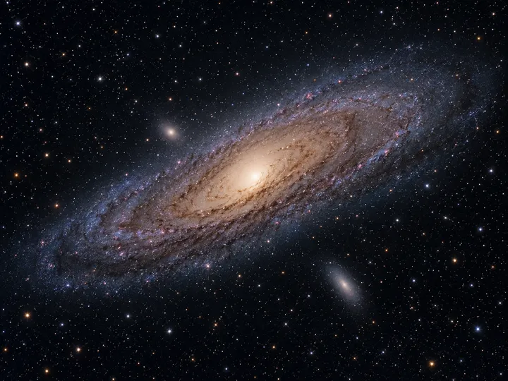 KI-generiertes Bild: Redaktionelle KI-Illustration der Andromedagalaxie M31 mit ihren Staubbändern und Begleitgalaxien.