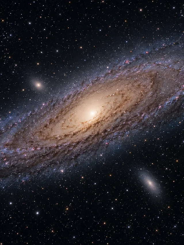 KI-generiertes Bild: Redaktionelle KI-Illustration der Andromedagalaxie M31 mit ihren Staubbändern und Begleitgalaxien.