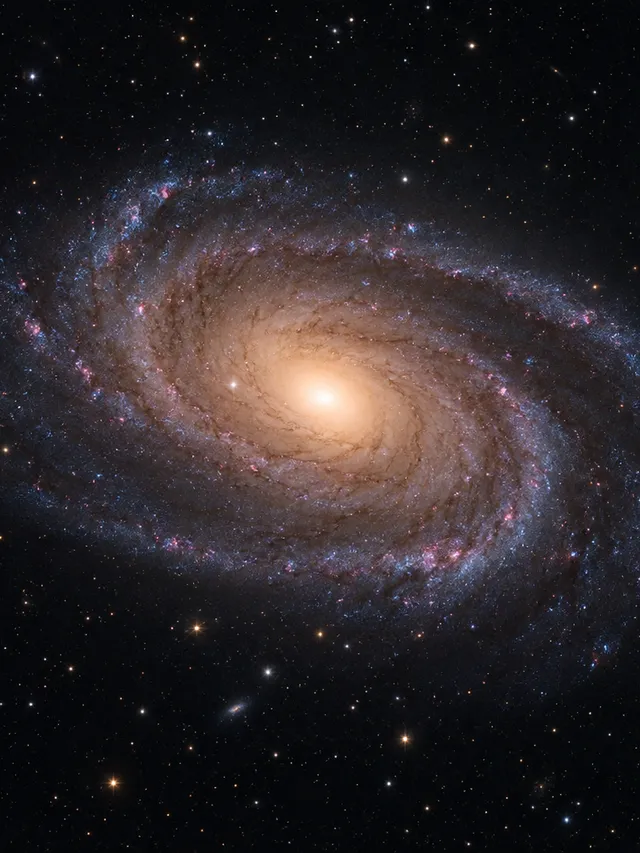 KI-generiertes Bild: Redaktionelle KI-Illustration der Spiralgalaxie M81 mit hellem Kern und eng gewundenen Spiralarmen.