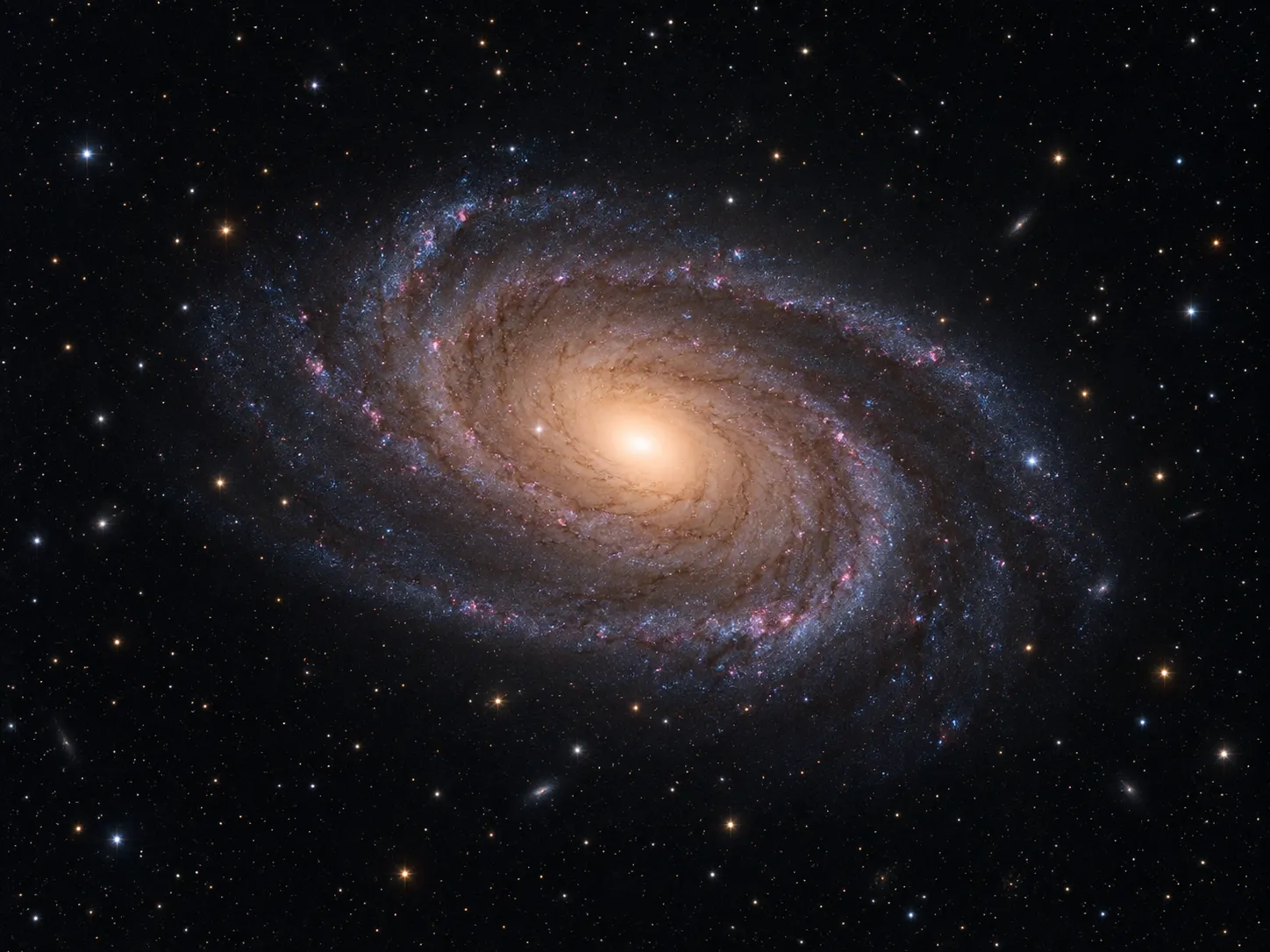 Redaktionelle KI-Illustration der Spiralgalaxie M81 mit hellem Kern und eng gewundenen Spiralarmen.