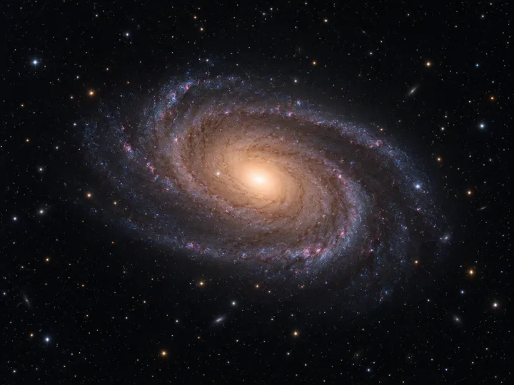 KI-generiertes Bild: Redaktionelle KI-Illustration der Spiralgalaxie M81 mit hellem Kern und eng gewundenen Spiralarmen.