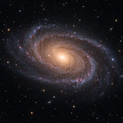 KI-generiertes Bild: Redaktionelle KI-Illustration der Spiralgalaxie M81 mit hellem Kern und eng gewundenen Spiralarmen.