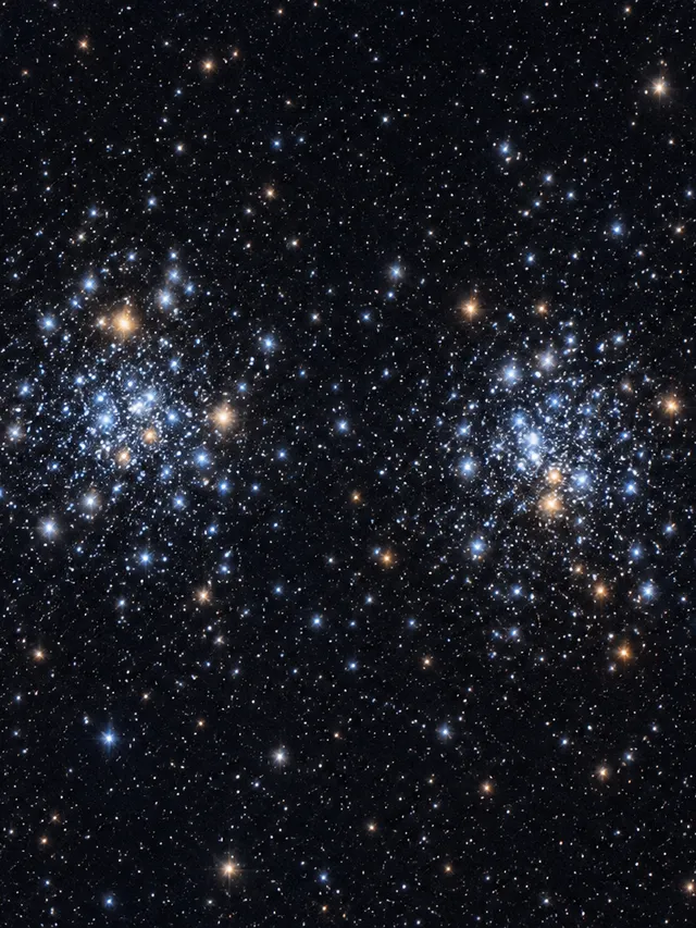 KI-generiertes Bild: Redaktionelle KI-Illustration der beiden benachbarten offenen Sternhaufen NGC 869 und NGC 884.
