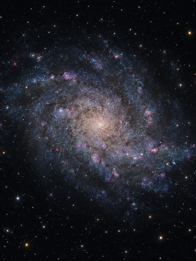 KI-generiertes Bild: Redaktionelle KI-Illustration der Dreiecksgalaxie M33 mit locker gewundenen Spiralarmen und Sternentstehungsgebieten.