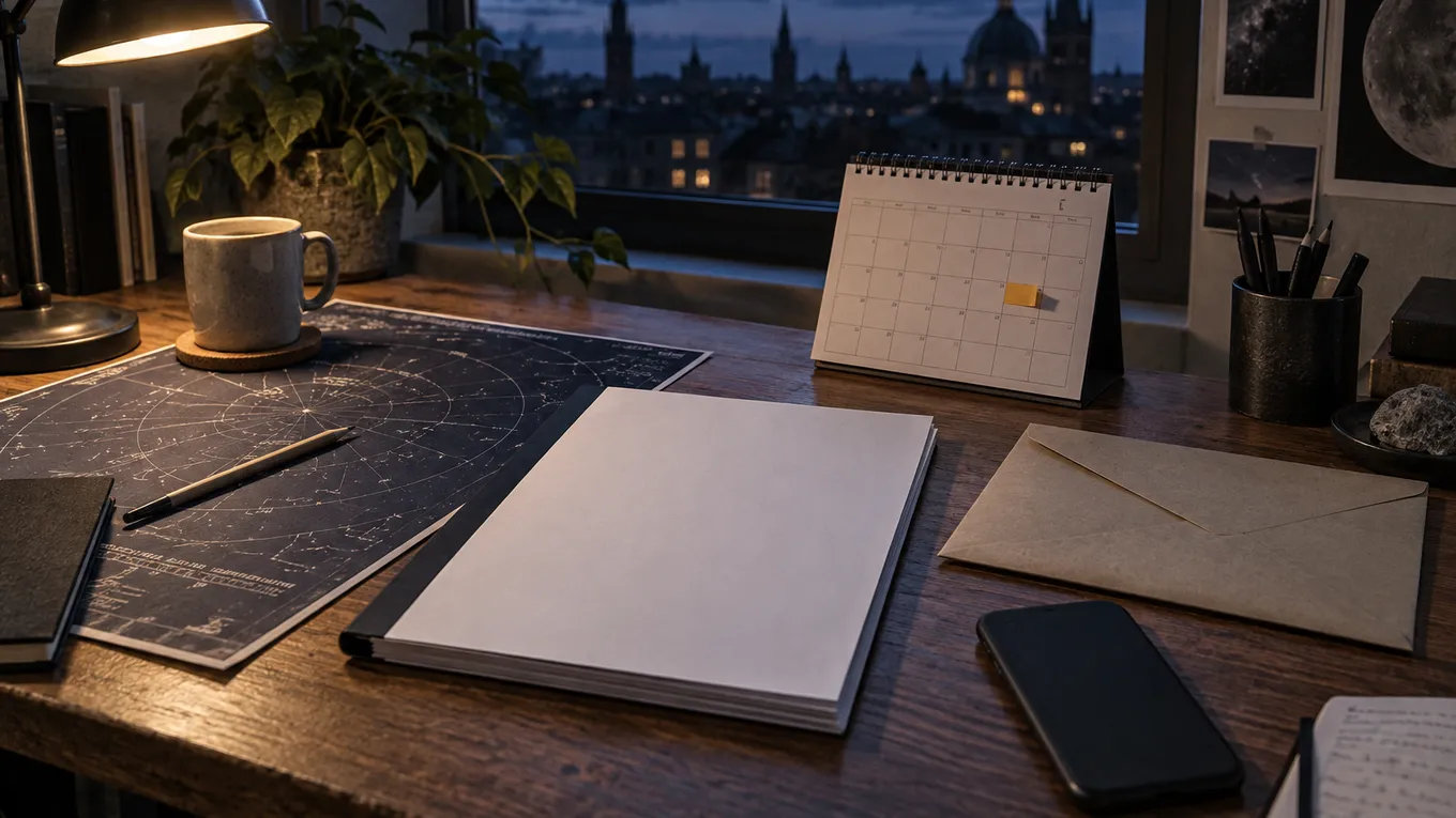 KI-generiertes Bild: KI-generierte redaktionelle Aufnahme einer neutralen Ankündigungsmappe mit Kalender und Sternkarte; keine Produkte sind dargestellt.