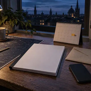 KI-generiertes Bild: KI-generierte redaktionelle Aufnahme einer neutralen Ankündigungsmappe mit Kalender und Sternkarte; kein Produkt ist dargestellt.