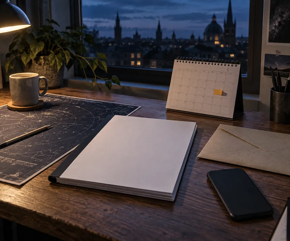KI-generiertes Bild: KI-generierte redaktionelle Aufnahme einer neutralen Veröffentlichungsplanung mit Kalender und Unterlagen; kein Produkt ist dargestellt.