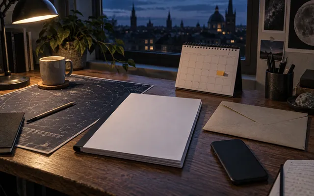 KI-generiertes Bild: KI-generierte redaktionelle Aufnahme einer neutralen Ankündigungsmappe mit Kalender und Sternkarte; keine Produkte sind dargestellt.