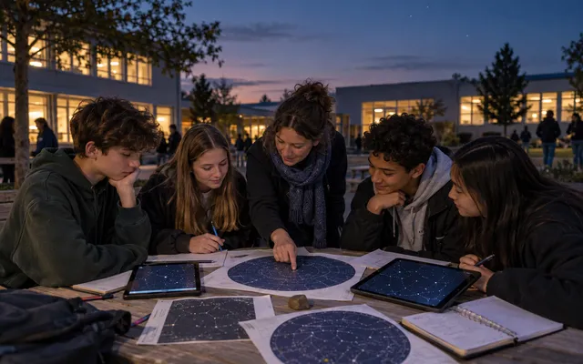 KI-generiertes Bild: KI-generierte redaktionelle Aufnahme einer schulischen Astronomiearbeit mit Sternkarten und Tablets im Innenhof; keine Geräte sind dargestellt.