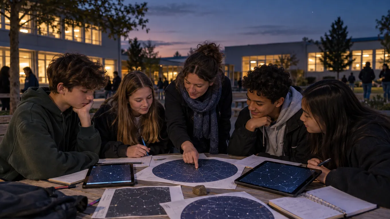 KI-generiertes Bild: KI-generierte redaktionelle Aufnahme einer schulischen Astronomiearbeit mit Sternkarten und Tablets im Innenhof; keine Geräte sind dargestellt.