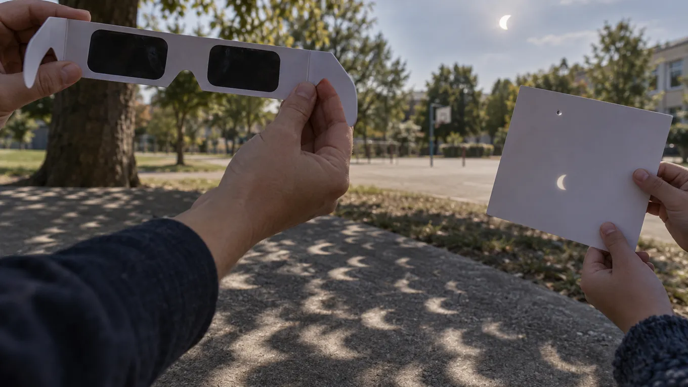 KI-generiertes Bild: KI-generierte redaktionelle Aufnahme einer sicheren Sonnenfinsternis-Beobachtung mit Schutzbrille und Lochprojektion; kein Teleskop ist dargestellt.