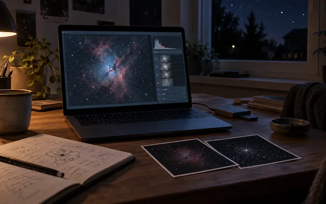 KI-generiertes Bild: KI-generierte redaktionelle Aufnahme eines neutralen Arbeitsplatzes für astronomische Bildbearbeitung; kein Teleskop ist dargestellt.