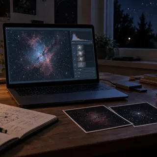 KI-generiertes Bild: KI-generierte redaktionelle Aufnahme eines neutralen Arbeitsplatzes für astronomische Bildbearbeitung; kein Teleskop ist dargestellt.