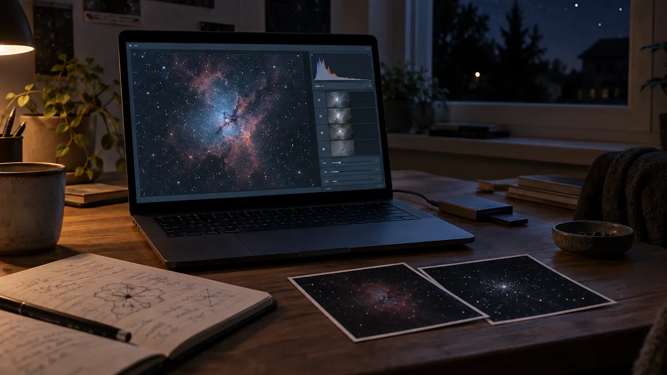 KI-generiertes Bild: KI-generierte redaktionelle Aufnahme eines neutralen Arbeitsplatzes mit astronomischen Bildvarianten und Bearbeitungsansicht; kein Teleskop ist dargestellt.