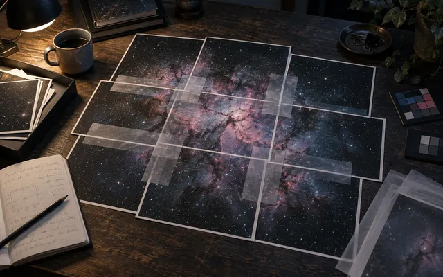 KI-generiertes Bild: KI-generierte redaktionelle Aufnahme überlappender Deep-Sky-Bildfelder zur Veranschaulichung einer Mosaikplanung; kein Gerät ist dargestellt.