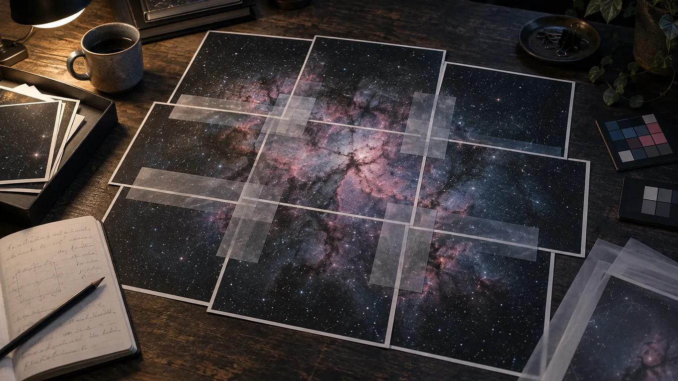 KI-generiertes Bild: KI-generierte redaktionelle Aufnahme überlappender Deep-Sky-Bildfelder zur Veranschaulichung einer Mosaikplanung; kein Gerät ist dargestellt.