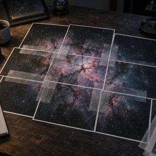 KI-generiertes Bild: KI-generierte redaktionelle Aufnahme überlappender Deep-Sky-Bildfelder zur Veranschaulichung einer Mosaikplanung; kein Gerät ist dargestellt.