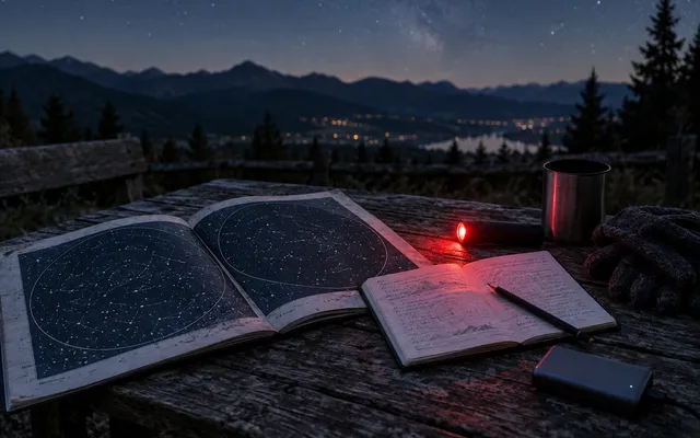 KI-generiertes Bild: KI-generierte redaktionelle Aufnahme einer neutralen Beobachtungsplanung mit Sternkarte und Notizbuch; kein Teleskop ist dargestellt.