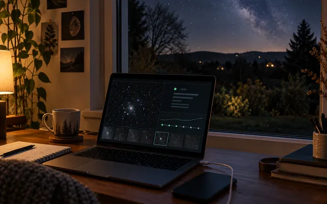 KI-generiertes Bild: KI-generierte redaktionelle Aufnahme einer neutralen Fernsitzung und Datenübertragung am Laptop; kein Teleskop ist dargestellt.