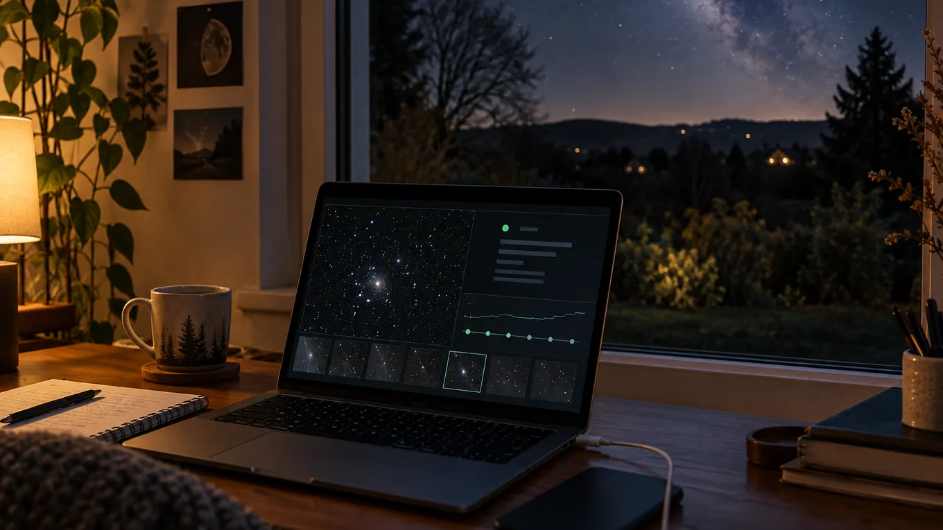 KI-generiertes Bild: KI-generierte redaktionelle Aufnahme einer neutralen Fernbeobachtungs-Sitzung am Laptop; kein Teleskop ist dargestellt.
