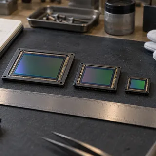 KI-generiertes Bild: KI-generierte redaktionelle Aufnahme dreier neutraler Bildsensor-Bauformen unterschiedlicher Größe auf einer Werkbank.