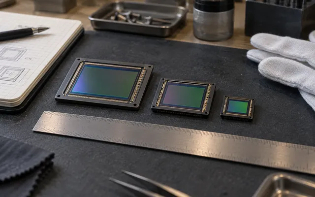 KI-generiertes Bild: KI-generierte redaktionelle Aufnahme dreier neutraler Bildsensor-Bauformen unterschiedlicher Größe auf einer Werkbank.