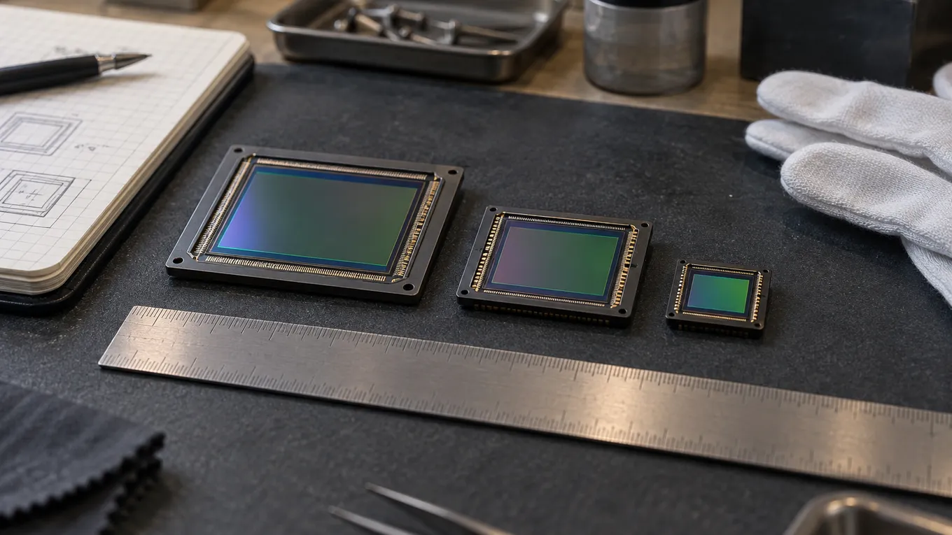 KI-generiertes Bild: KI-generierte redaktionelle Aufnahme dreier neutraler Bildsensor-Bauformen unterschiedlicher Größe auf einer Werkbank.