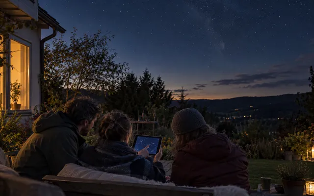 KI-generiertes Bild: KI-generierte redaktionelle Aufnahme dreier Personen bei der gemeinsamen Orientierung am Sternenhimmel mit einem neutralen Tablet.