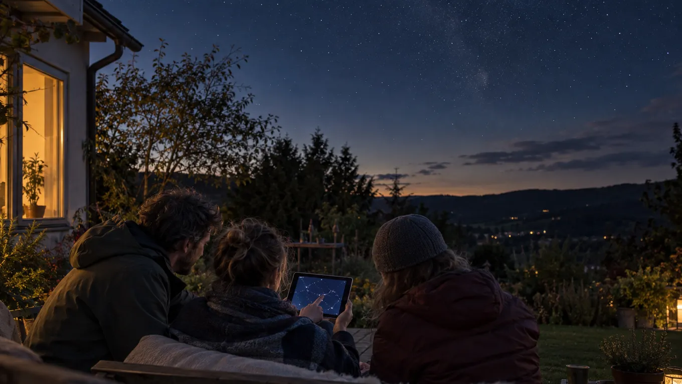 KI-generiertes Bild: KI-generierte redaktionelle Aufnahme dreier Personen bei der gemeinsamen Orientierung am Sternenhimmel mit einem neutralen Tablet.