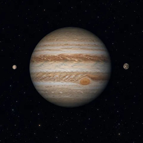 KI-generiertes Bild: Redaktionelle KI-Illustration Jupiters mit Wolkenbändern und Großem Roten Fleck vor dunklem Hintergrund.