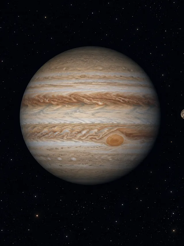 KI-generiertes Bild: Redaktionelle KI-Illustration Jupiters mit Wolkenbändern und Großem Roten Fleck vor dunklem Hintergrund.
