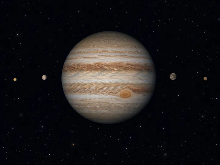 KI-generiertes Bild: Redaktionelle KI-Illustration Jupiters mit Wolkenbändern und Großem Roten Fleck vor dunklem Hintergrund.