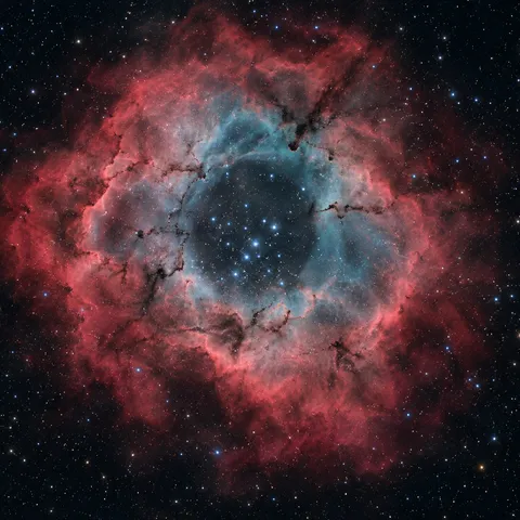 KI-generiertes Bild: Redaktionelle KI-Illustration des Rosettennebels NGC 2237 als ringförmige Emissionswolke mit zentralem Sternhaufen.