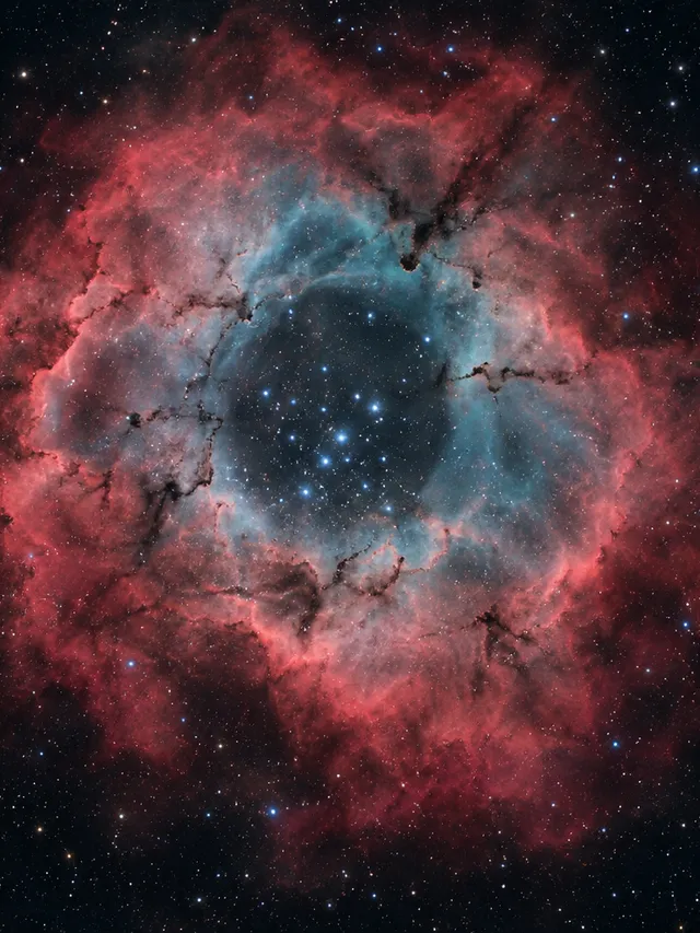 KI-generiertes Bild: Redaktionelle KI-Illustration des Rosettennebels NGC 2237 als ringförmige Emissionswolke mit zentralem Sternhaufen.