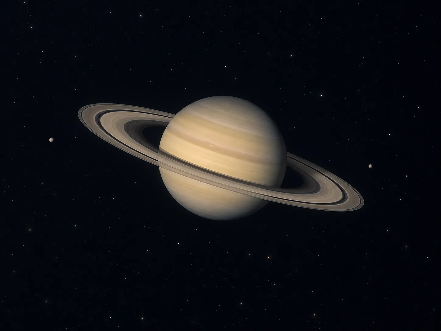 KI-generiertes Bild: Redaktionelle KI-Illustration Saturns mit seinem markanten Ringsystem vor dunklem Hintergrund.