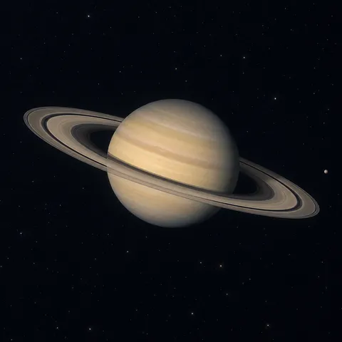KI-generiertes Bild: Redaktionelle KI-Illustration Saturns mit seinem markanten Ringsystem vor dunklem Hintergrund.
