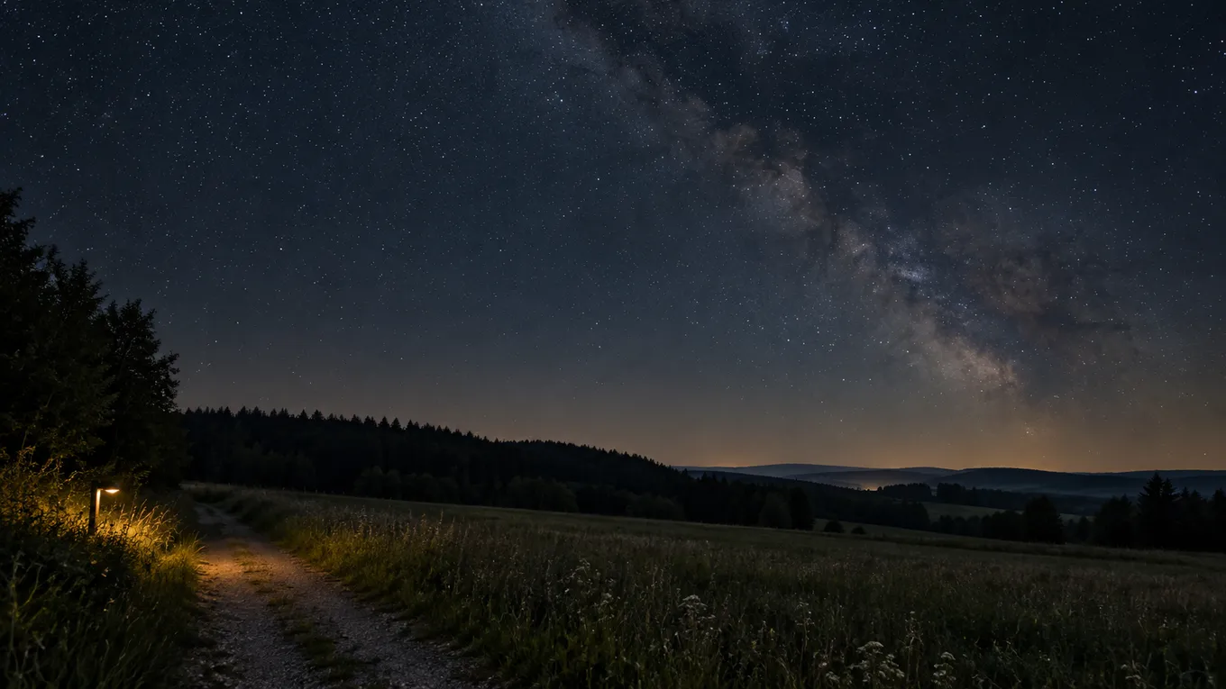 KI-generiertes Bild: KI-generierte redaktionelle Aufnahme eines dunklen Wiesenwegs mit abgeschirmter Beleuchtung und natürlichem Sternenhimmel.
